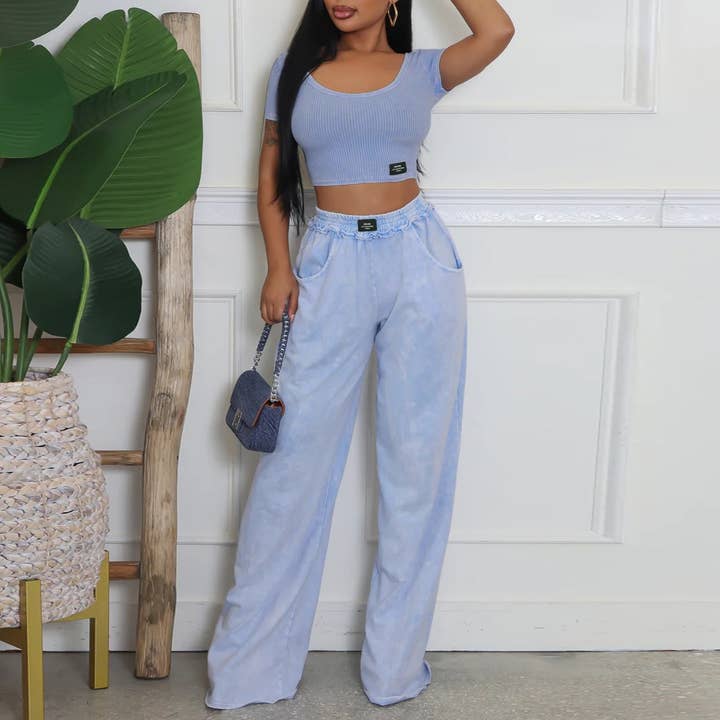 Rosa Clothing - Wholesale Top & Pant Set (NOT Loungewear) - Women's - Sexy U-Neck T-Shirt Wide-Leg Pants Two-Piece Set