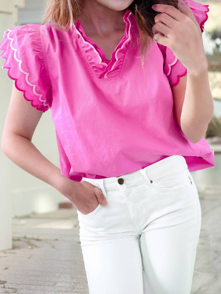1 the Woman - Wholesale Blouse - Women's - Contrast Scallop Trim Layered Short Sleeve V Neck Blouse