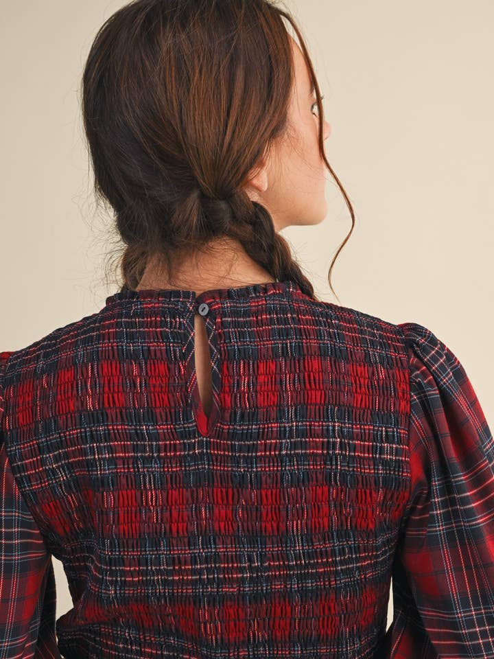 SMOCKED PLAID PUFF SLEEVE PEPLUM TOP MTP4192 for wholesale on Faire17
