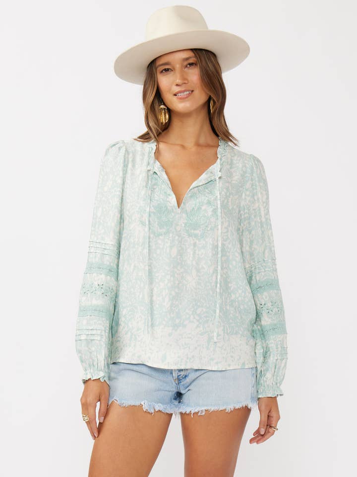 Floral Embroidered Lace-Trim Split Neck Blouse for wholesale by Lovestitch