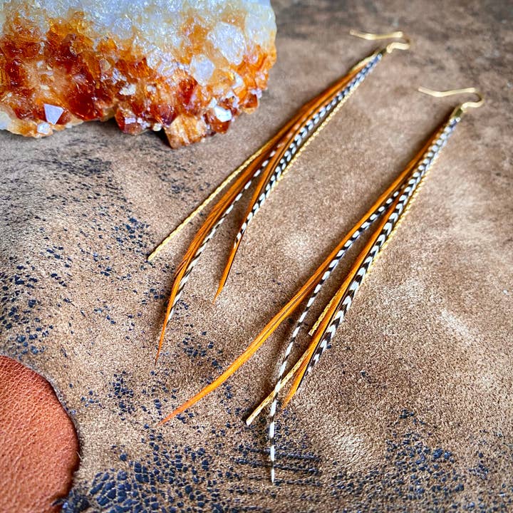 ASTALI - Wholesale Tassel Earrings - Mini Feather Earrings - Grizzly & Fawn/Gold, Boho Western