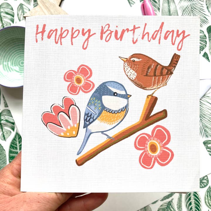 Biglietto di compleanno a forma di uccello con cinciarella blu e scricciolo per la vendita all'ingrosso da parte di Slumbermonkey Designs