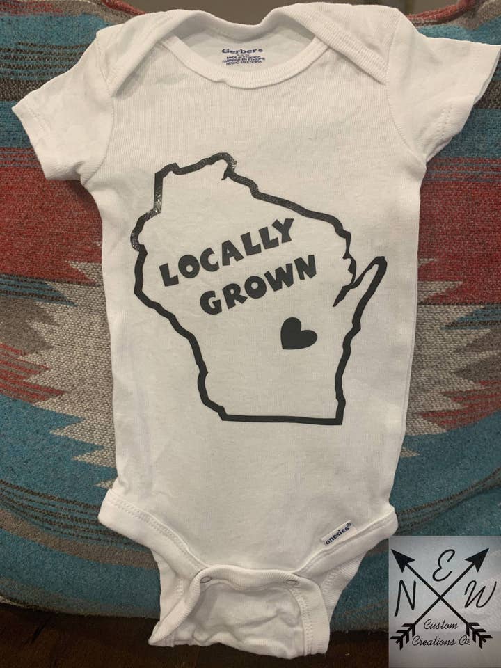 Locally Grown WI Outline 100% Cotton Baby Bodysuit for wholesale by N.E.W. Custom Creations Co LLC