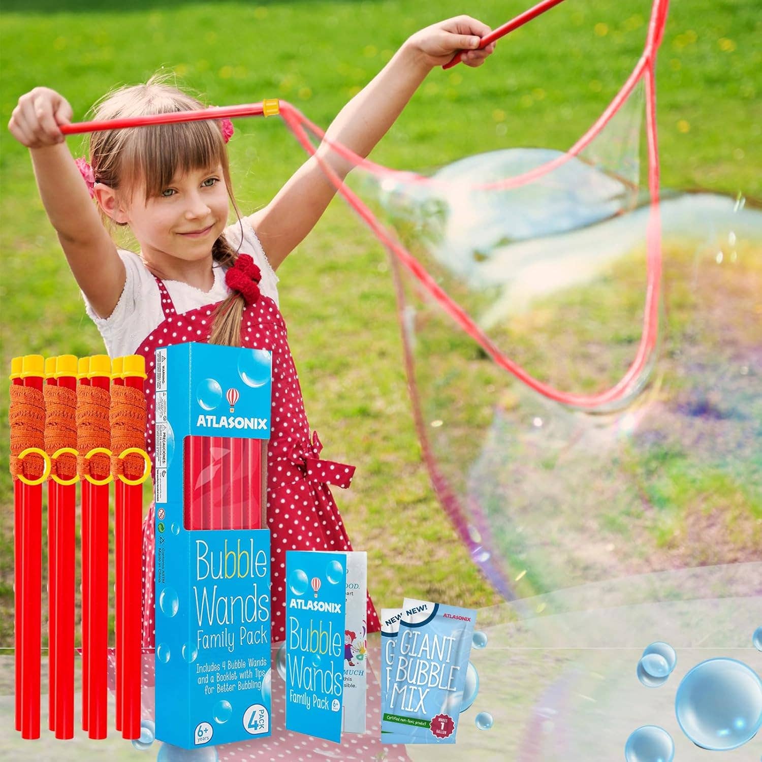 Atlasonix - Wholesale Bubble Wand - Kids - Giant Bubble Wand - Bubbles for Kids (4 Wands & 2 Mix)0