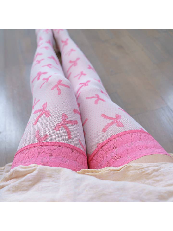 pinkbows Pink Coquette Bows Stay Up Stockings for wholesale on Faire