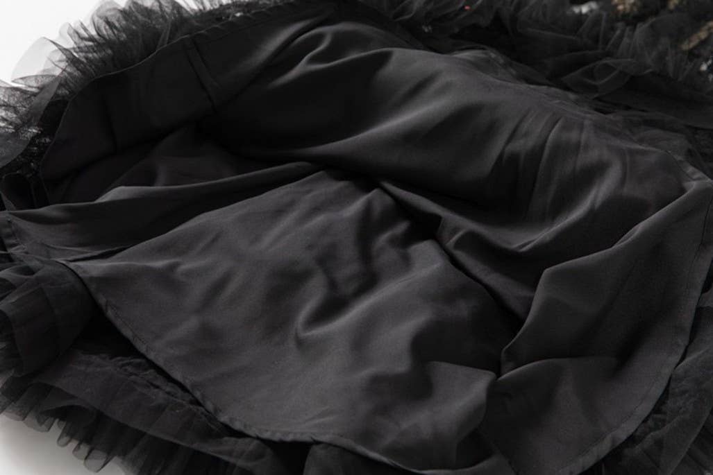 Black DR819L Hand-Beaded Sequin Ruffled Stand Collar Maxi Dress for wholesale on Faire6