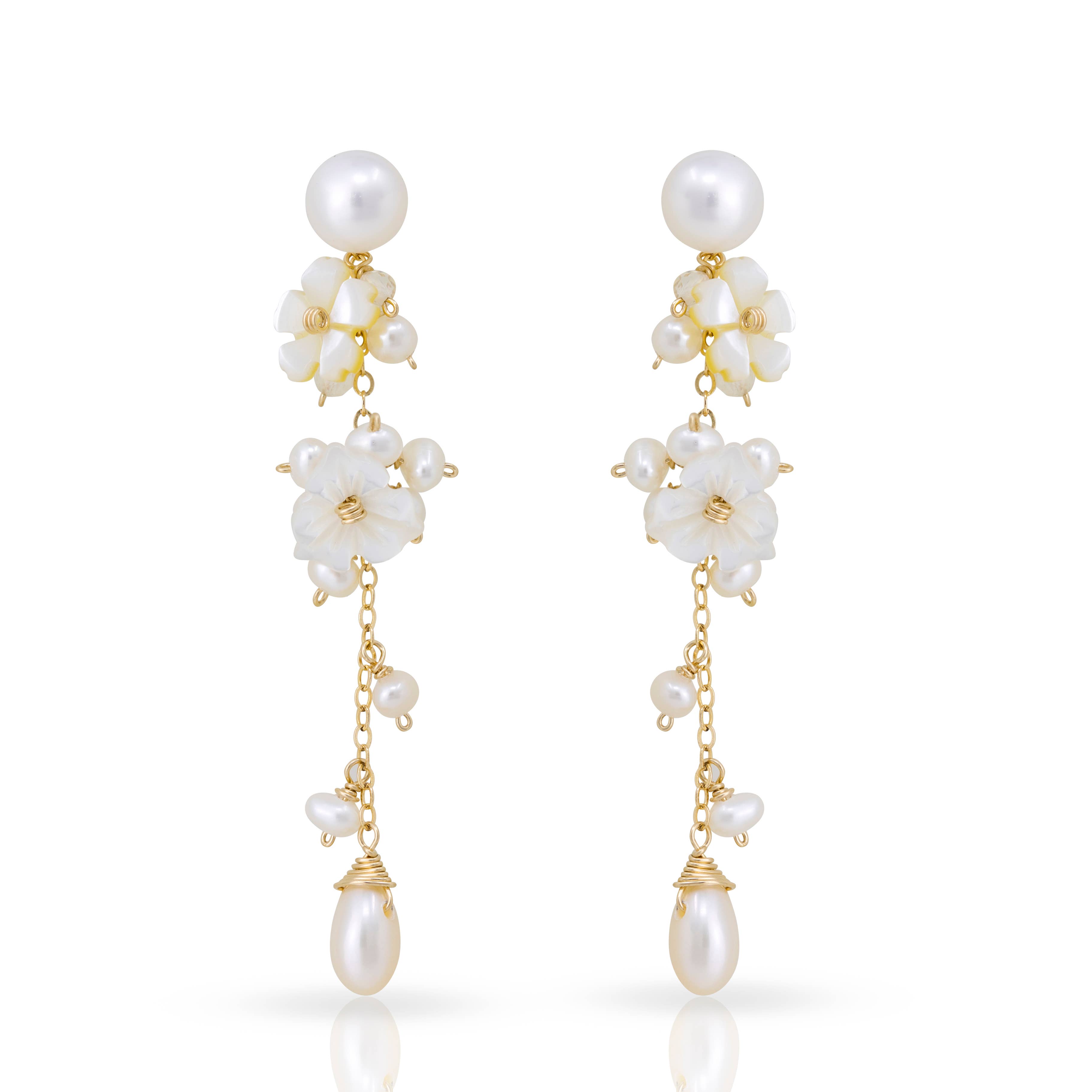 Baroque Pearl Stud Earrings w/ Mother of Pearl Flowers