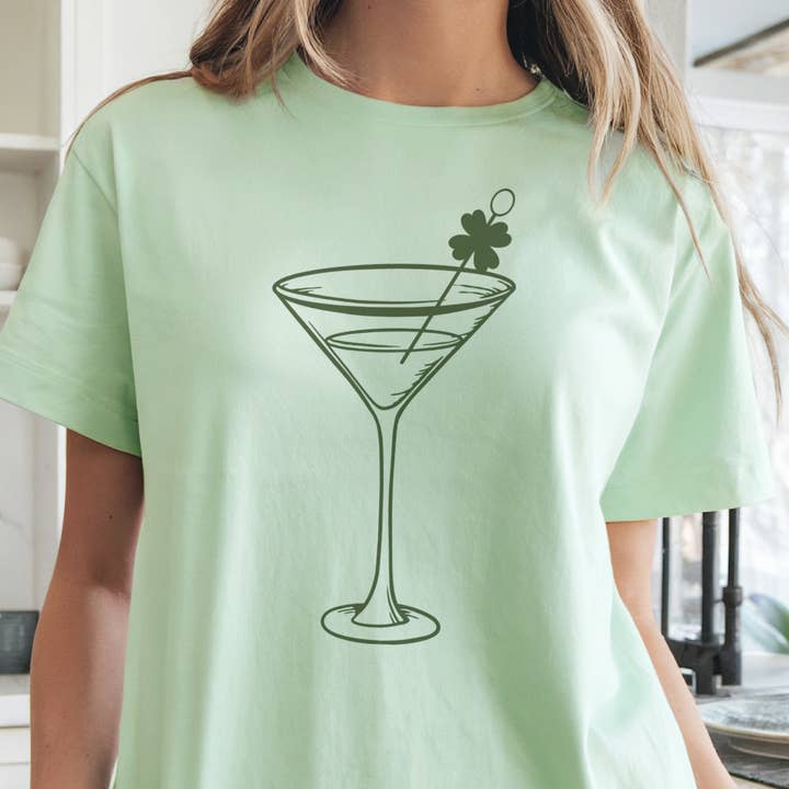 St. Patrick's Day Martini Cocktail Clover Green Graphic Tee for wholesale by Par.tees by Party On!