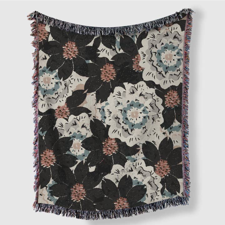 TaylorBassam - Wholesale Throw Blanket - Black And Beige Floral Collage Woven Blankets