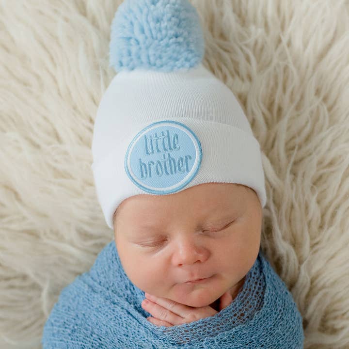 www.ilybean.com - Wholesale Newborn/Knit Hat - Baby - White Little Brother Newborn Boy Hospital Hat Handmade Pom
