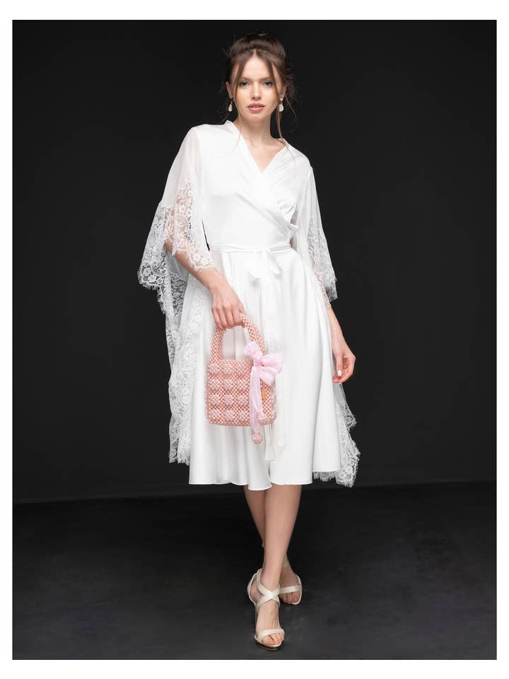 KÂFEMME and Co - Wholesale Dress - Women's - Angel Midi Wrap Sheer Sleeve Dress White