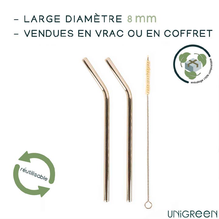 UNIGREEN - Wholesale Drinking Straw - kraft box 2 stainless steel straws and 1 bottle brush1