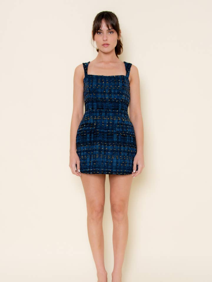 ROBE COURTE SANS MANCHES EN TWEED À CARREAUX POUR LES FÊTES-PI6853FO pour la vente par Fore Collection