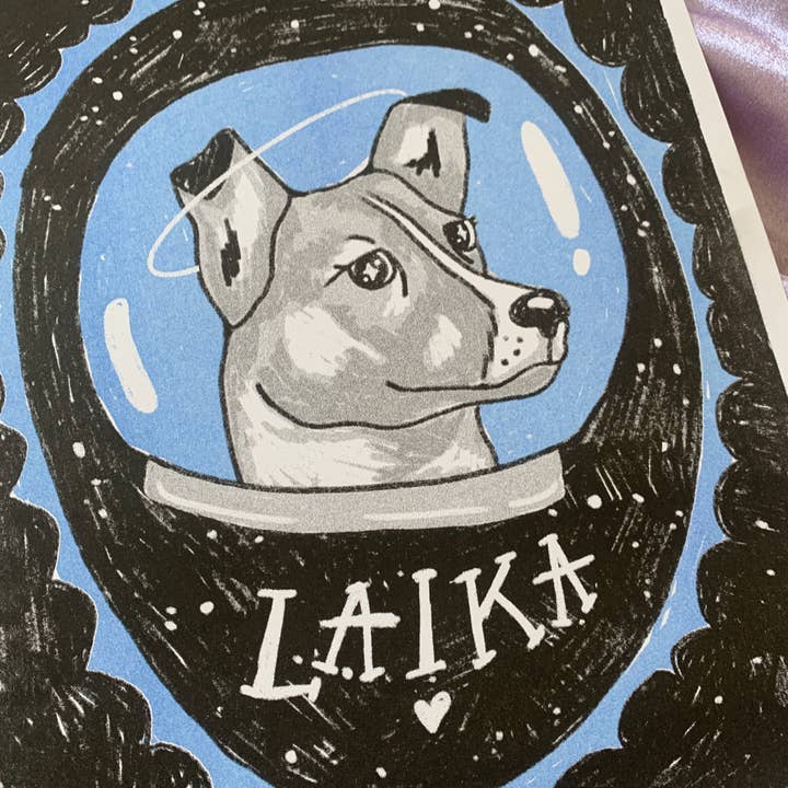 Alex Luciano - Wholesale Art Print - Laika the Space Dog 8.5x11" riso print