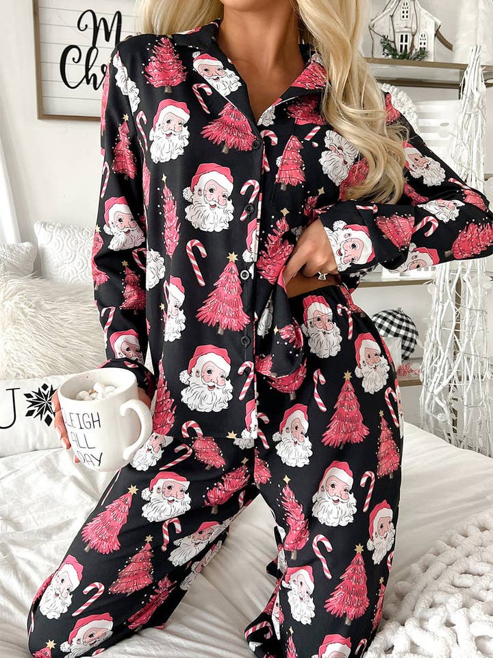 Black Christmas Santa Printed Two Piece Pajamas Set for wholesale on Faire