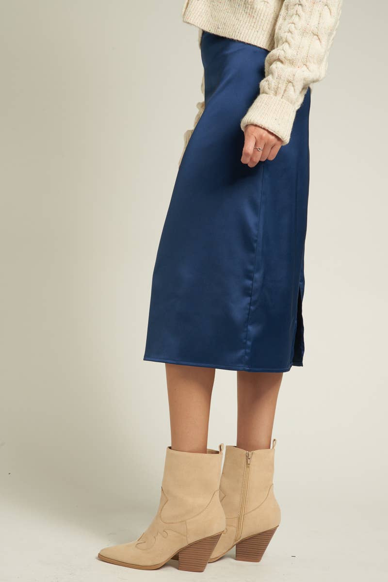 NAVY Satin Midi Skirt with Back Slit for wholesale on Faire2