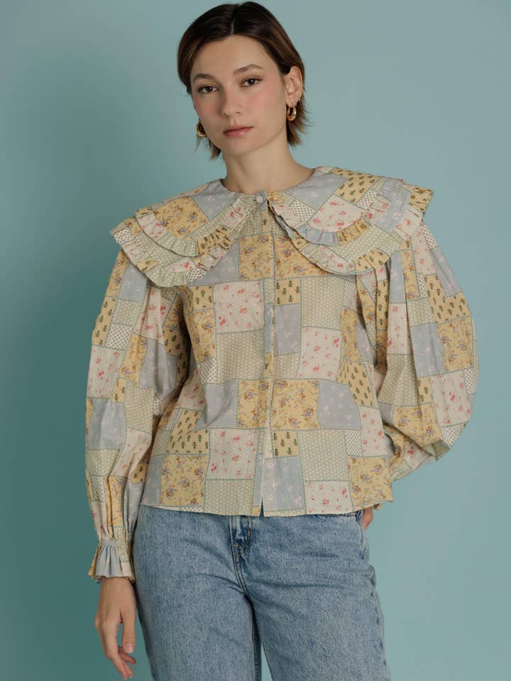 AT2349 - TILE PRINT DOUBLE COLLAR BLOUSE for wholesale by Aureum