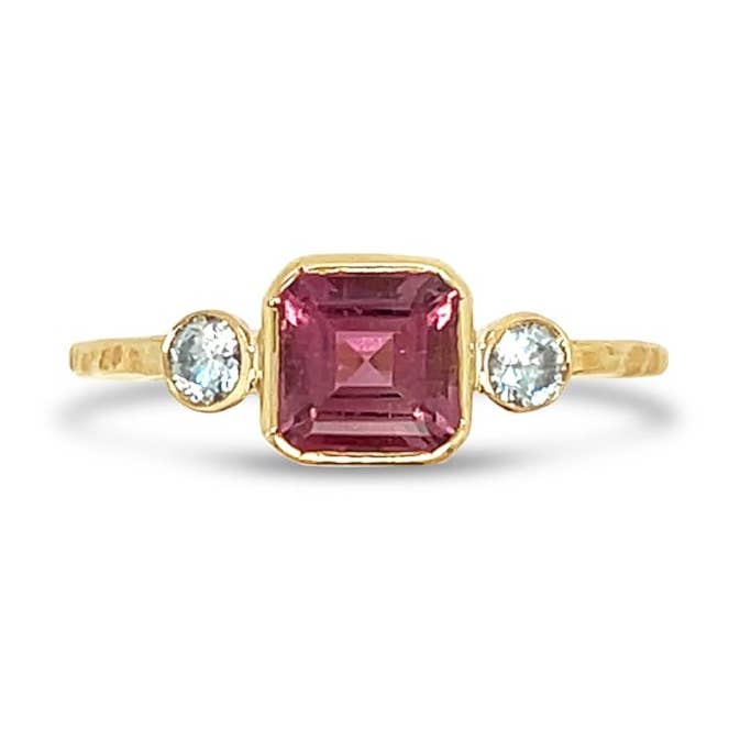 Ascher cut Pink tourmaline and diamonds ring in 14k gold for wholesale by Emily Amey Jewelry