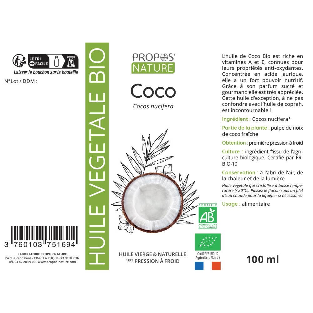 Propos'Nature - Venta al por mayor Aceites de baño/corporales - Aceite vegetal virgen de coco 50 ml, 100 ml, 500 ml3