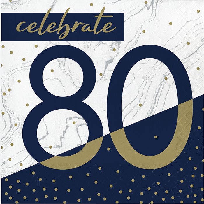 Bulk Party Decor - Wholesale Disposable Napkin - Navy and Gold 80th Birthday Luncheon Napkins, 16/Pkg