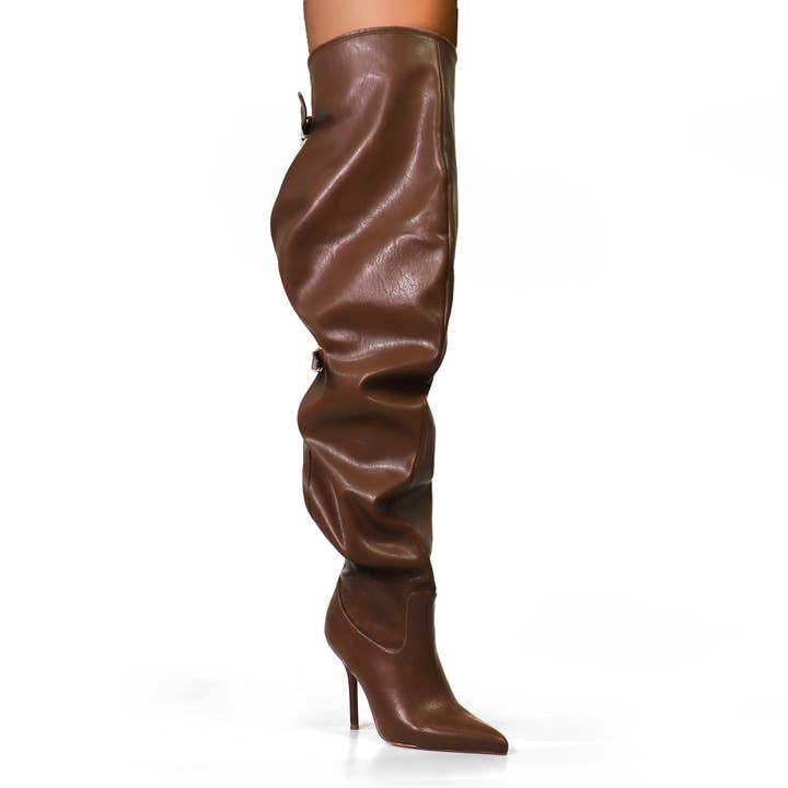 BEXIE-44 POINTED TOE SEXY SKY THIGH HIGH BELTED BOOTS BROWN for wholesale by Liliana Shoes
