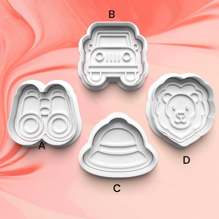 Safari Theme Cookie Cutter Set: Lion, Jeep, Binoculars, Hat (3D Printed) for wholesale by Roussell Prints and Demand LLC