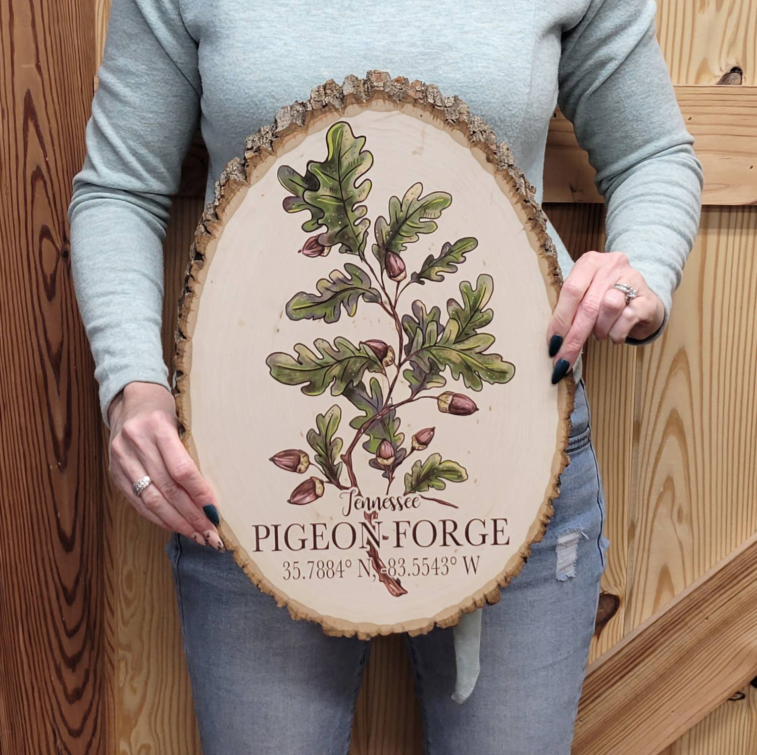 Map Mom - Wholesale Sign - Live Edge Wood Oval Shape- Custom Location - Pine Branch Art1