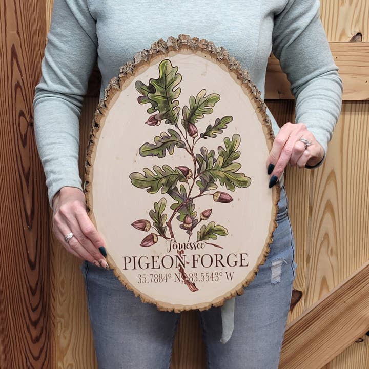 Map Mom - Wholesale Sign - Live Edge Wood Oval Shape- Custom Location - Pine Branch Art1