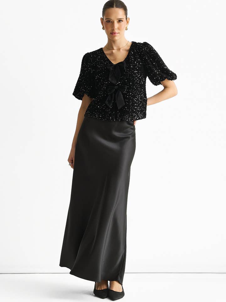 Black Velvet Sequin Bow Front Bubble Sleeve Top for wholesale by GINI LONDON