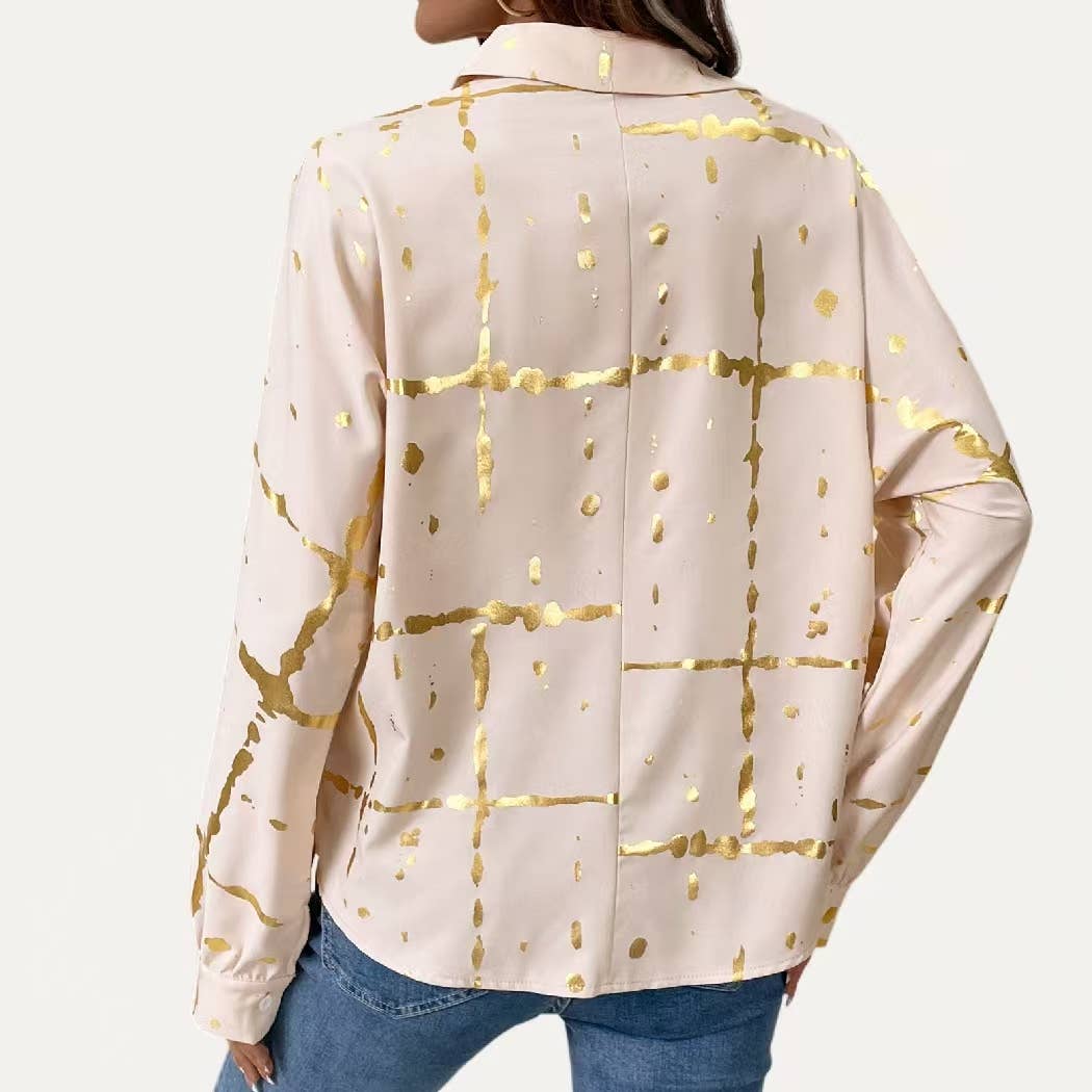 Light Khaki Metallic Gold Pattern Collared Butto-Up  Shirt for wholesale on Faire2