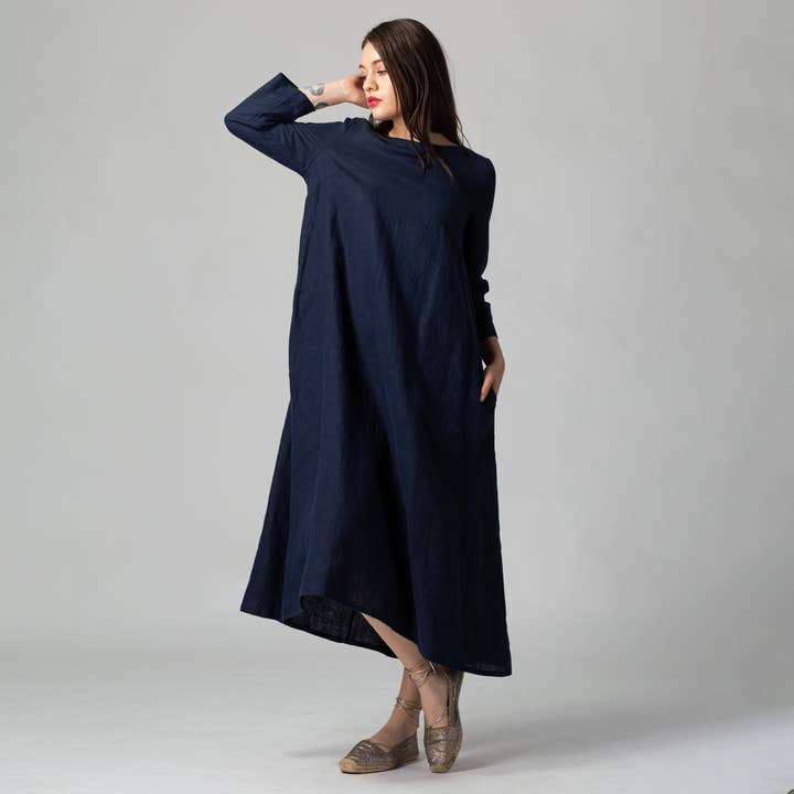 ESME Maxi Minimalist Flared Linen Dress for wholesale by Knotium