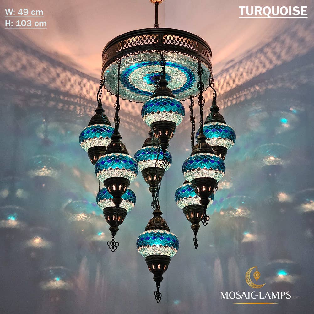 Mosaic Lamps – Großhandel Kronleuchter/Hängeleuchte – 9+1 türkische Kronleuchter mit gemischtem Globusmosaik, gemischte Siedlung26