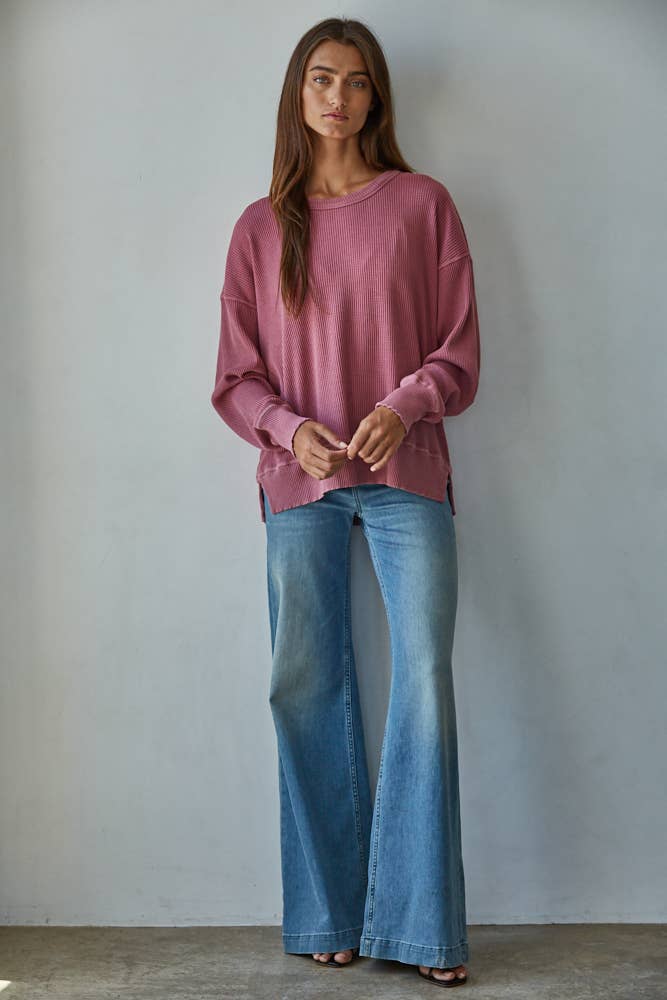 By Together - Wholesale Knit Top - Women's - L8734 | Knit Drop Shoulder Long Sleeve Top with Side Slits1