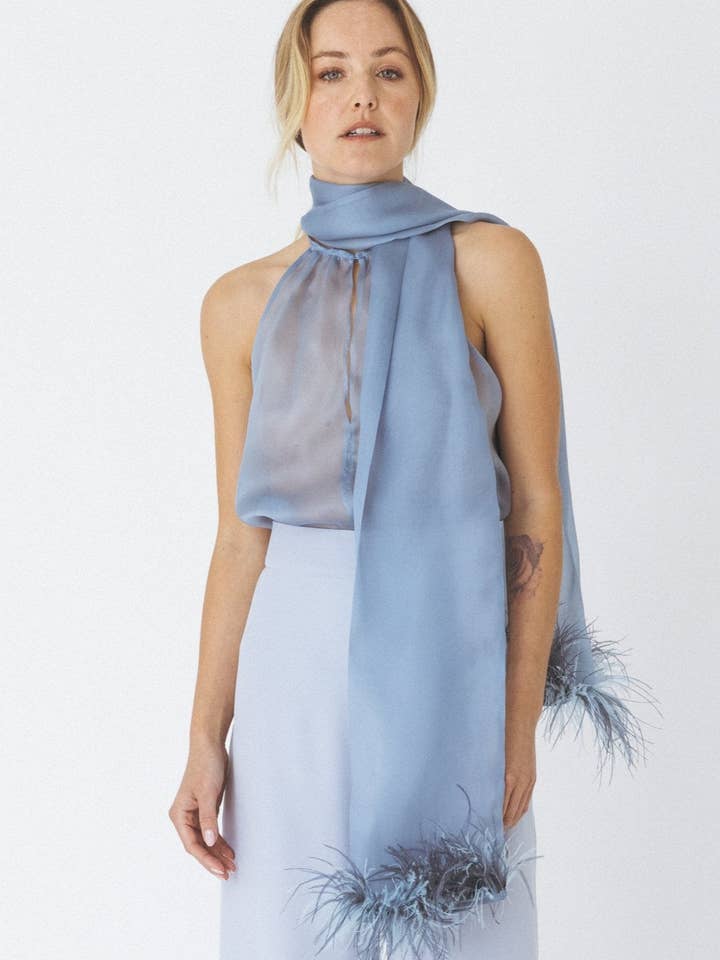 Halterneck Feather-trimmed Organza Top for wholesale by ANT WOMAN COLLECTION