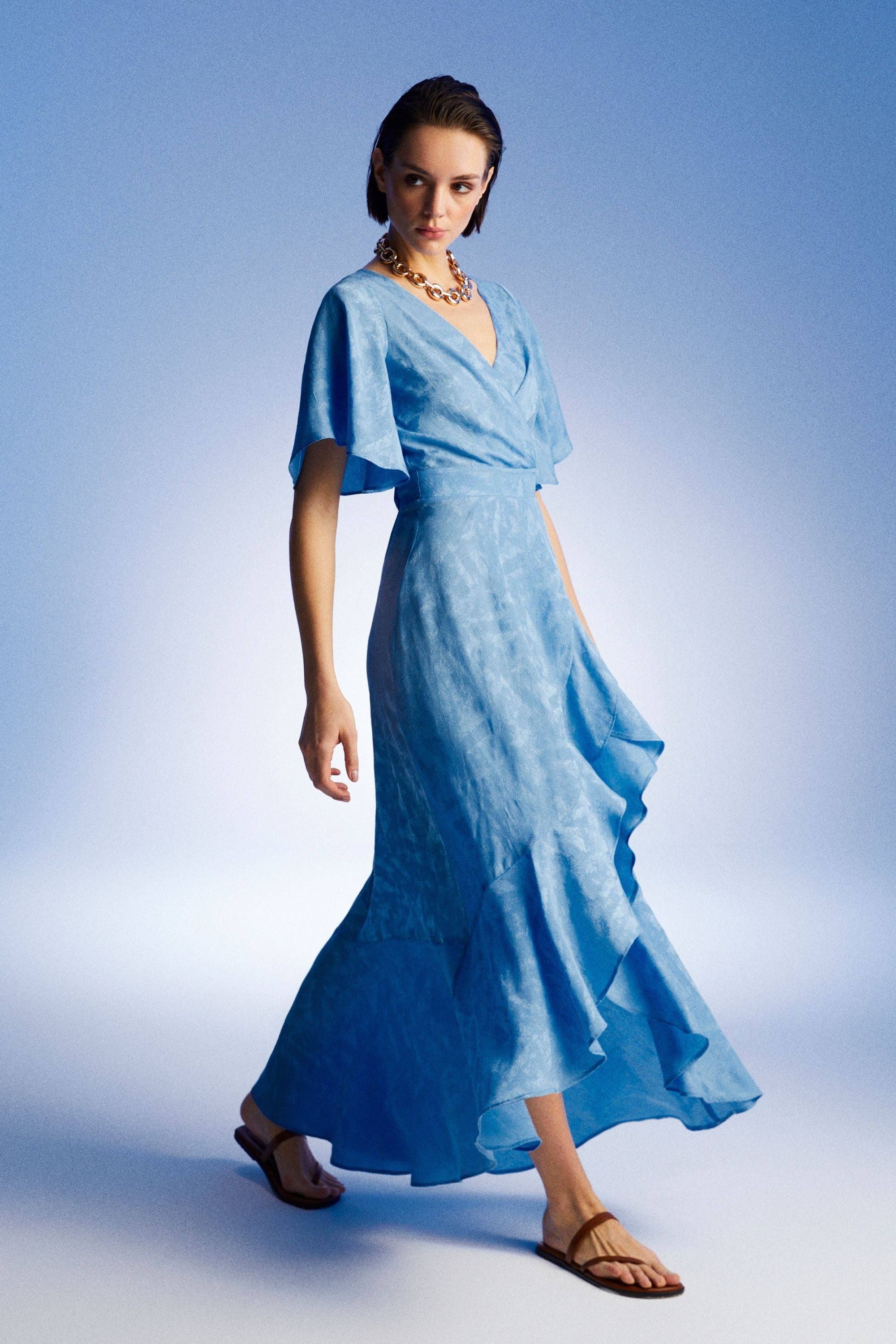 Blue Asymmetric Flounce Dress for wholesale on Faire4