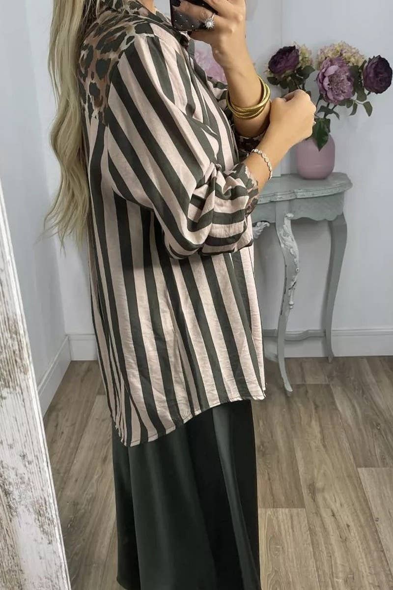 COFFEE CWTSTL894_STRIPED AND LEOPARD PRINT LOOSE CASUAL SHIRT for wholesale on Faire6