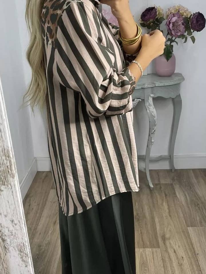 COFFEE CWTSTL894_STRIPED AND LEOPARD PRINT LOOSE CASUAL SHIRT for wholesale on Faire6