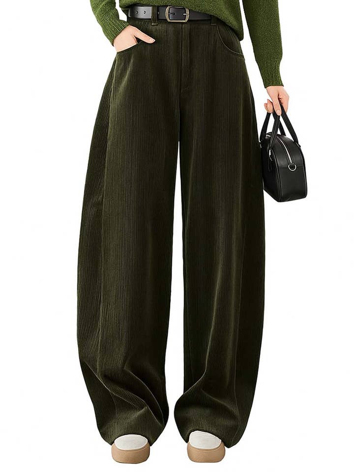 Dark Green Ladies Solid Color Corduroy Wide Leg Pants for wholesale on Faire1