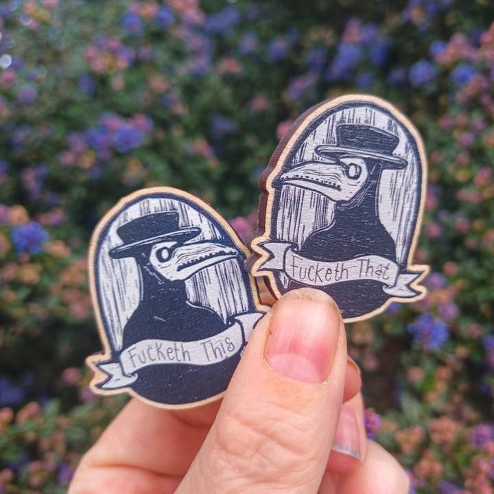 'Fucketh That' & ' Fucketh This' wooden Badge set for wholesale by Minifi's Oddities