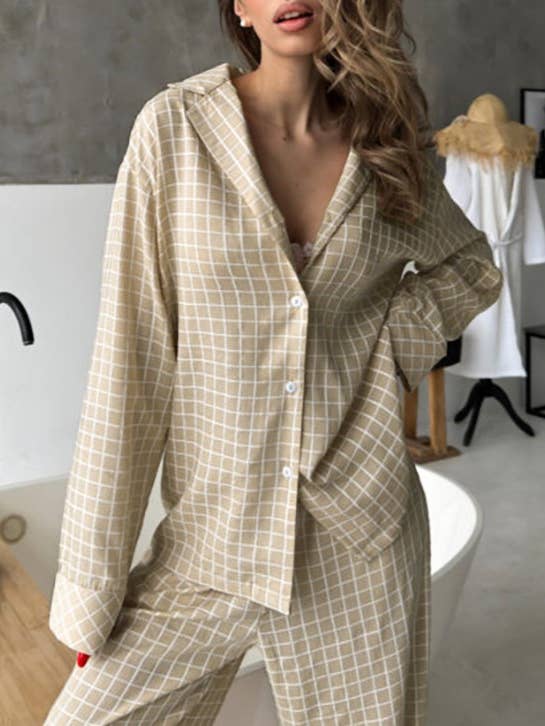 Checked Skin-Friendly Cozy Top Trousers Lounge Set for wholesale by Rosa Clothing