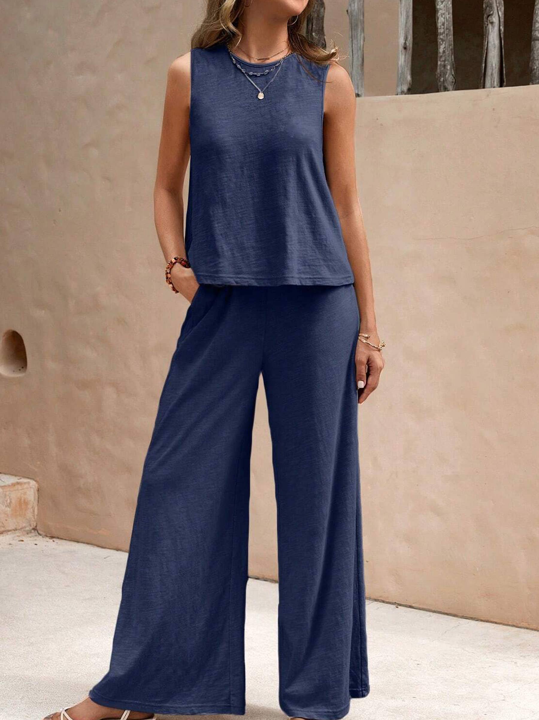 Wholesalesir - Vente Ensemble haut et pantalon (PAS d'intérieur) - Femme - Ensemble de costume décontracté à col rond et coupe ample pour femmes3