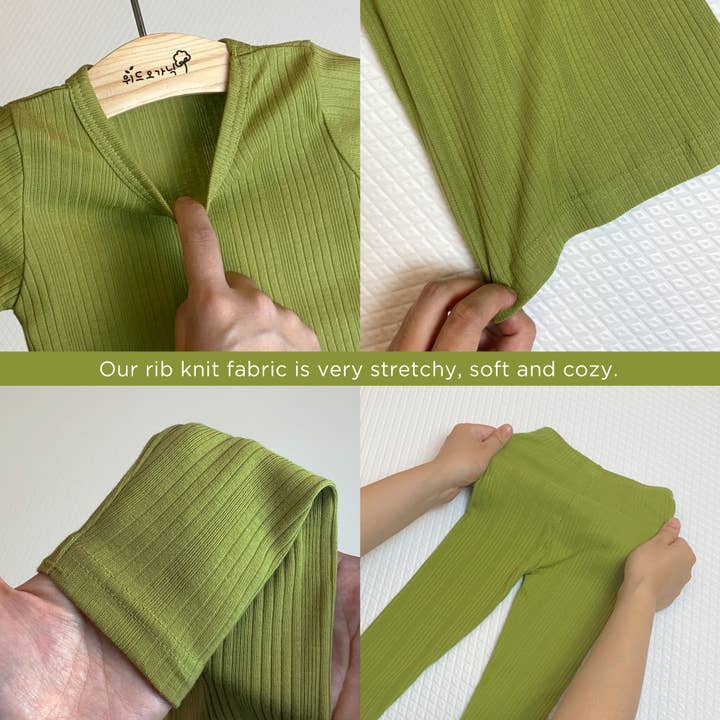 WithOrganic – Conjunto de pijama - Crianças por atacado – Conjunto de pijama de malha canelada de 3 peças para crianças orgânicas - verde abacate3