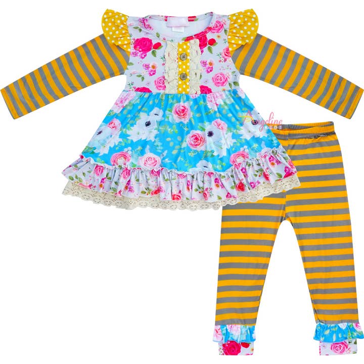 Amor Babee – wholesale Top & leggings set – Kids – Fall Floral Ruffle Top & Leggings Set - Mustard/Gray4
