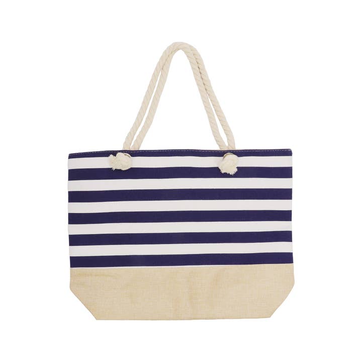 WHITE NAVY BLUE Nautical Harbor Stripe Rope Handle Tote Bag for wholesale on Faire8