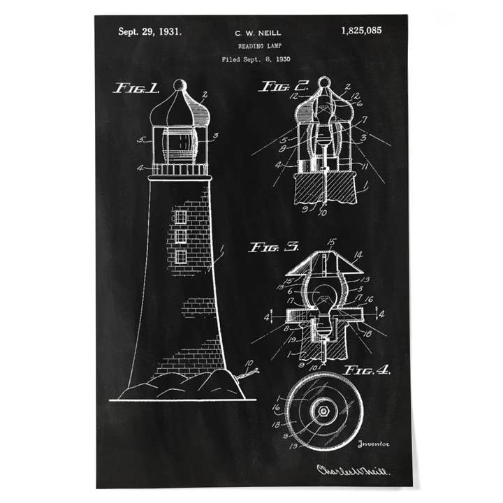GICLEE PRINT Blackboard Patent, Lighthouse for wholesale by Lantern Press