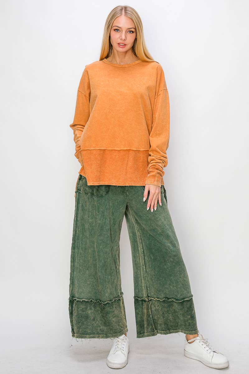 J.Her - Wholesale Pants - Women's - MineralWash Wide Pants with raw hem frayed details HP553616