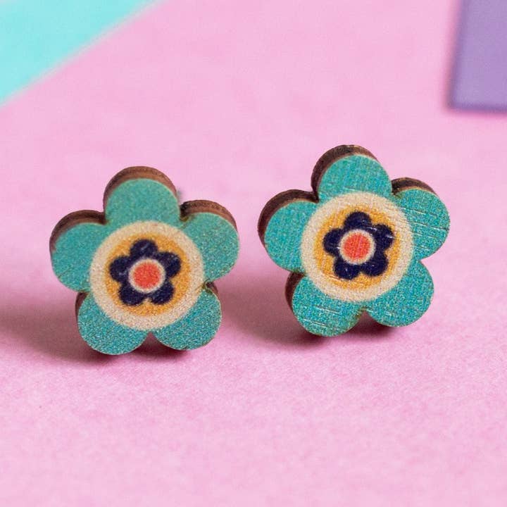 Blue Daisies - eco friendly wooden stud earrings for wholesale by Hey There Munchquin