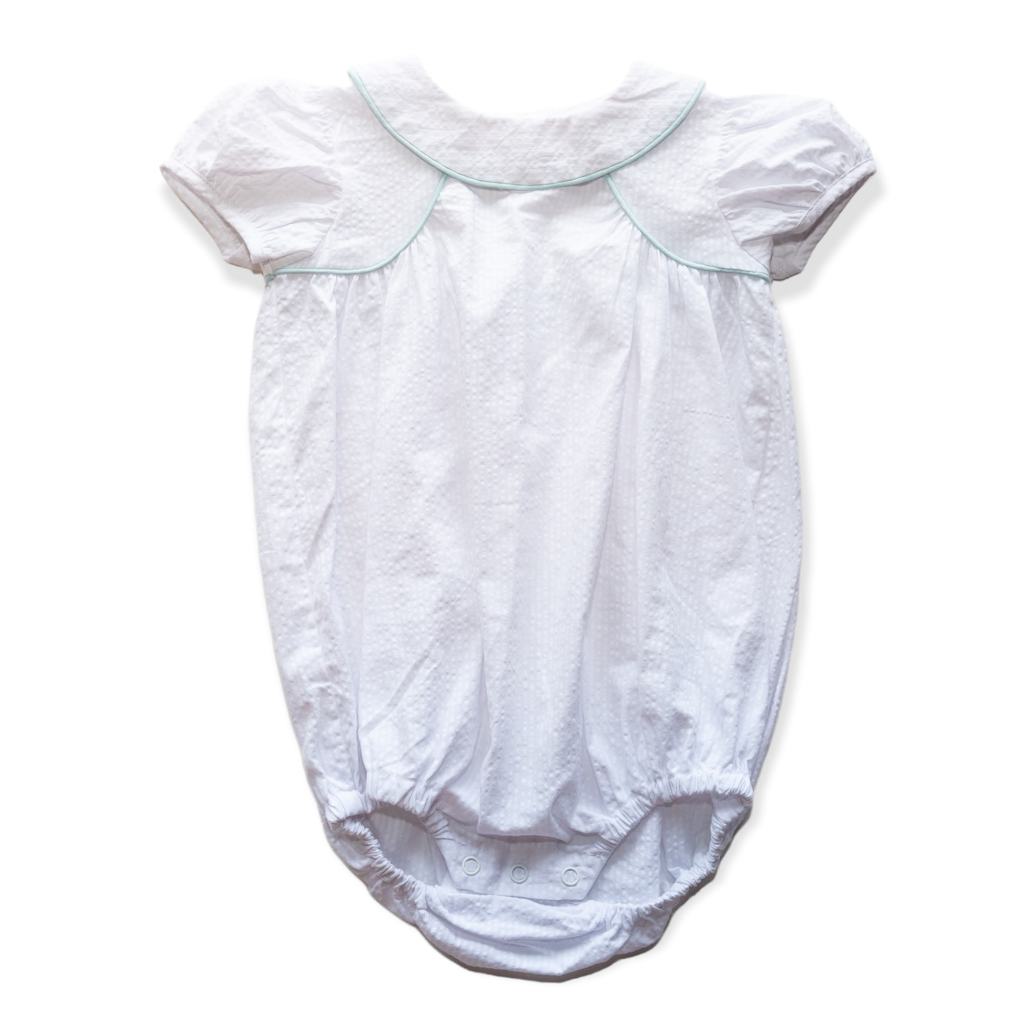 Angels and Company Clothing – Bodysuit - Bebé por atacado – Ann Caroline Bubble em Seersucker Branco com Vivo Aqua4