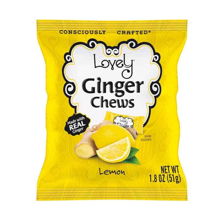 Lemon Ginger Chews Candy 1.8oz Single Serve Bags - 24 Pack for wholesale by Lovely Candy Company
