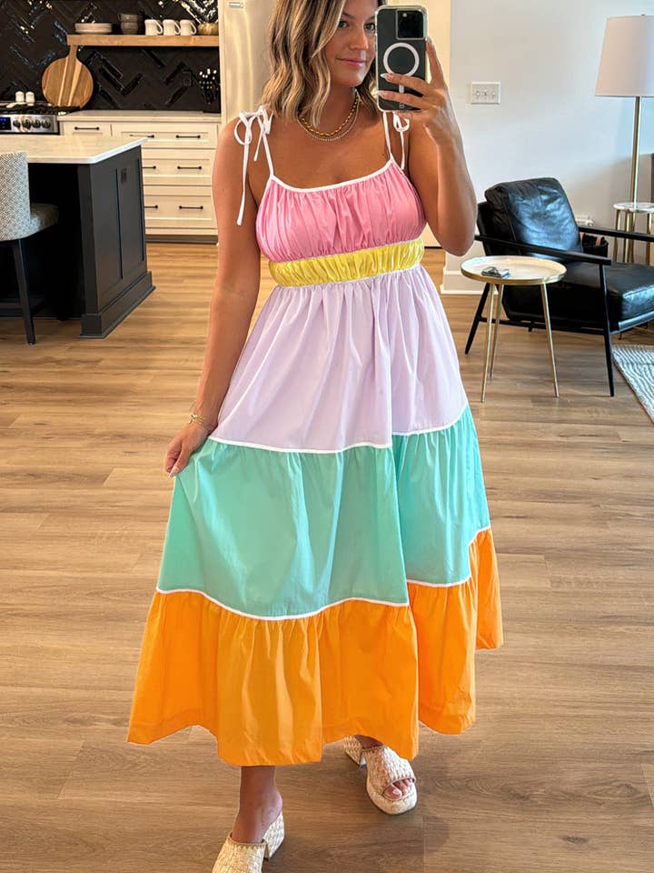 Multicolour Colorblock Self-tie Straps High Waist Flowy Maxi Dress with Pockets for wholesale on Faire